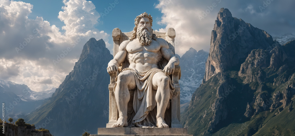 The majestic Statue of Zeus sits enthroned atop the craggy peak of Mount Olympus, Generative AI The majestic Statue of Zeus sits enthroned atop the craggy peak of Mount Olympus, Generative AI