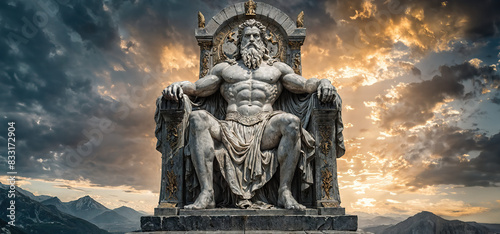 The majestic Statue of Zeus sits enthroned atop the craggy peak of Mount Olympus, Generative AI	