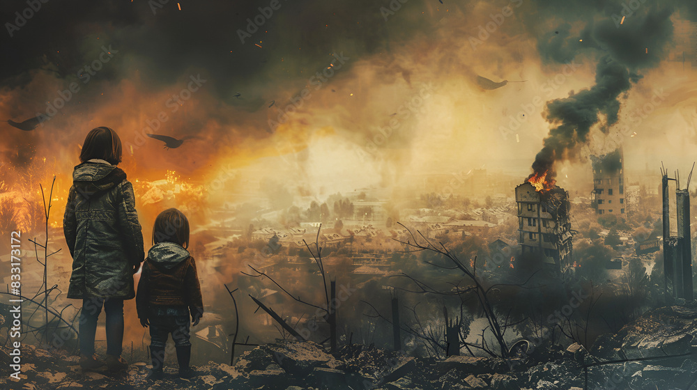 Arab children watch explosions in a deserted city ,generative ai Arab children watch explosions in a deserted city ,generative ai