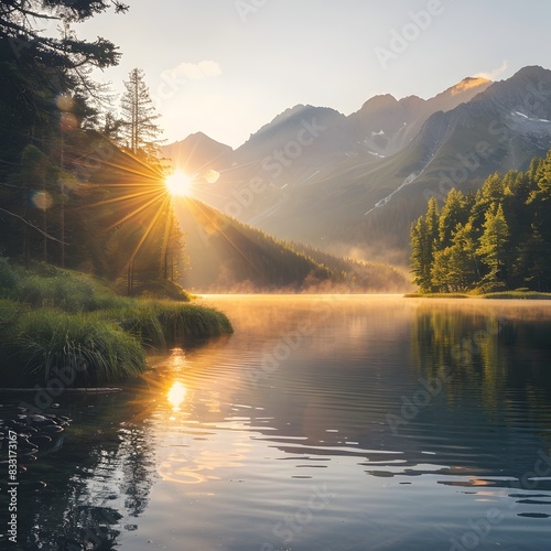 Majestic Sunrise Over Serene Alpine Lake Nestled in Rugged Mountain Landscape