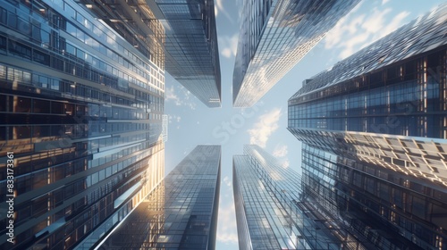Reflective skyscraper business office buildings. Bottom up view of big modern city urban landscape. AI generative