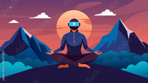 Picture yourself on a mountaintop as you find inner peace and serenity through a guided meditation session in virtual reality.. Vector illustration