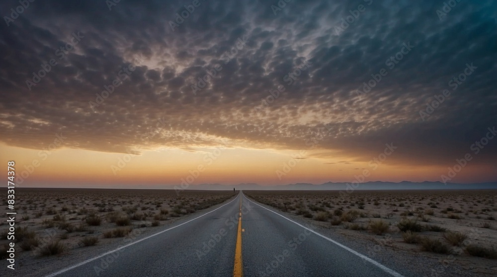 Fototapeta premium Loneliness: Photograph vast, empty landscapes such as deserted beaches, barren deserts, or isolated countryside roads during twilight or foggy weather to evoke a sense of loneliness and solitude.