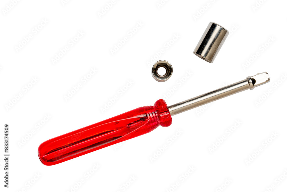 Socket wrench screw driver with red handle, metal hex nut key, hand tool screwdriver, with accessories isolated on white background
Socket wrench screw driver with red handle, metal hex nut key, hand tool screwdriver, with accessories isolated on white background