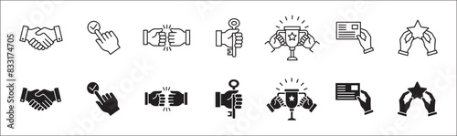 Business insight icon set. Entrepreneurship icons. Success symbol collection. Included icons of reward, profit, trophy, global market, hand holding key, medal, agreement . Vector isolated on white.
