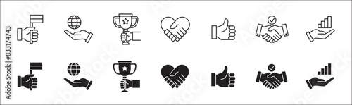 Business insight icon set. Entrepreneurship icons. Success symbol collection. Included icons of reward, profit, trophy, global market, hand holding key, medal, agreement . Vector isolated on white.