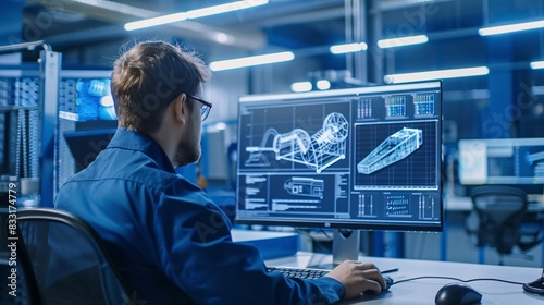 Over the Shoulder Shot of Engineer Working with CAD Software on Desktop Computer, Screen Shows Technical Drafts and Drawings. In the Background Engineering Facility Specialising on Industrial Design