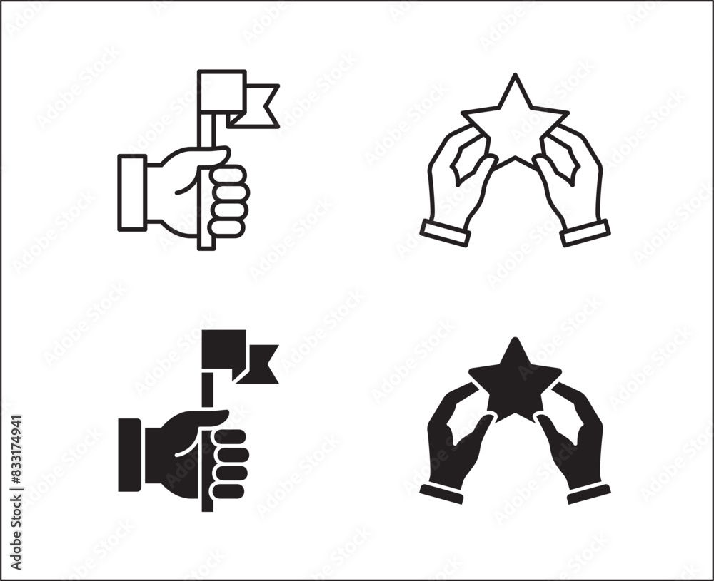 Hand holding flag icon. Award and prize symbol. Winner and achievement icons. Business icon. Vector stock illustration. Isolated on white background. Vector logo design template Hand holding flag icon. Award and prize symbol. Winner and achievement icons. Business icon. Vector stock illustration. Isolated on white background. Vector logo design template
