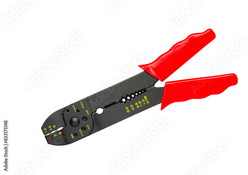 Universal crimping / stripping pliers with red handles, isolated on white background photo