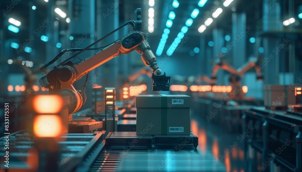 Fototapeta premium A futuristic distribution center with robotic arms moving stock around