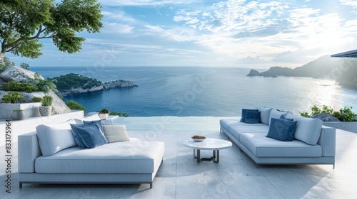 Wide view outdoor terrace Modern white living room blue sofa with infinity pool in front of beautiful sea, Postproducted generative AI illustration.