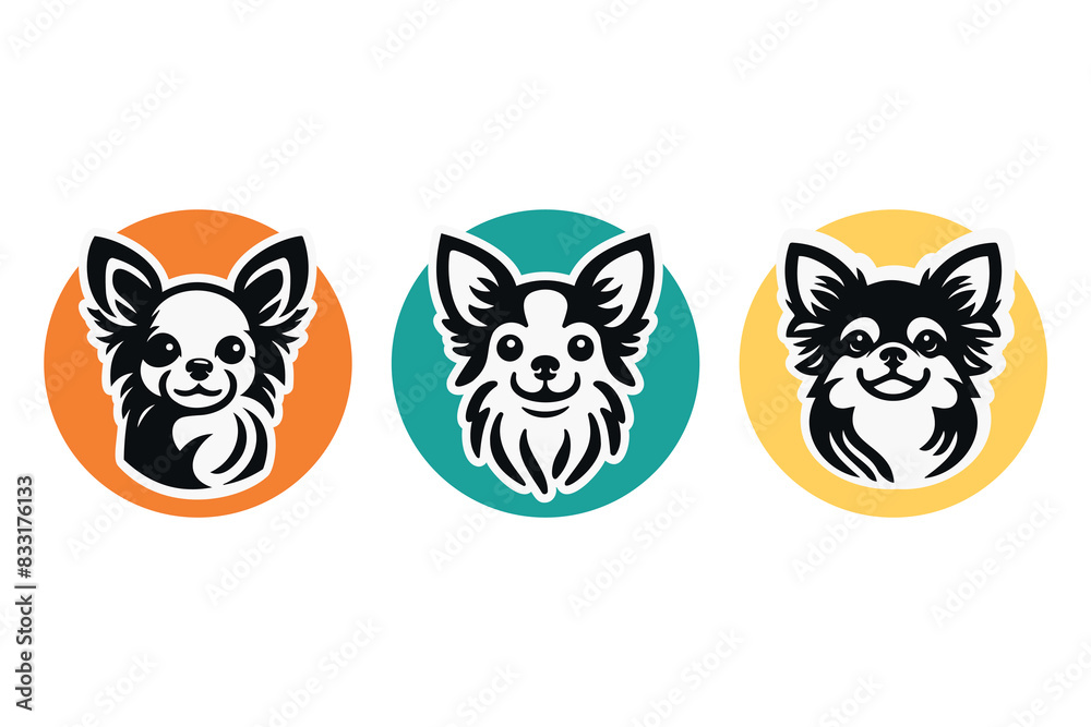 Obraz premium Dog logo template. Chihuahua dog silhouette head in round shape. Illustration icon design on vector white background. For brand, animal pet, t-shirt, dog club, pet shop, grooming, training, dog lover