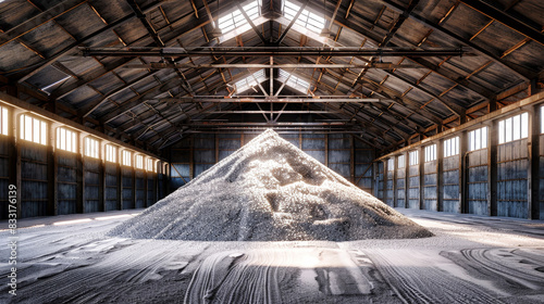 A large pile of sand sits in an old barn formerly used for storing potash fertilizers, showcasing the remnants of a bygone era in mineral mining photo