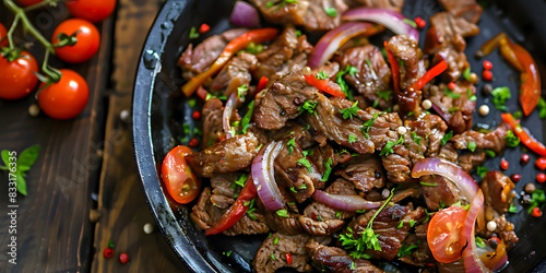 Stir fried beef with onion, garlic, bell peppers, tomatoes, herbs in a frying pan Roasted or stewed beef meat with tomato.
