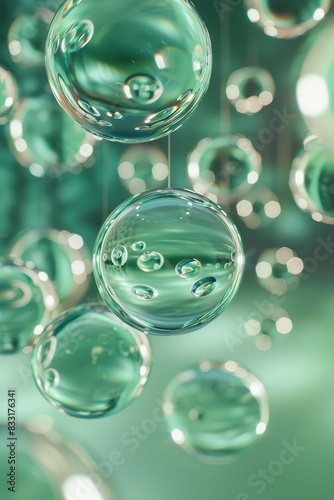 3D render of floating glass spheres or baubbles, pastel green mint color photo