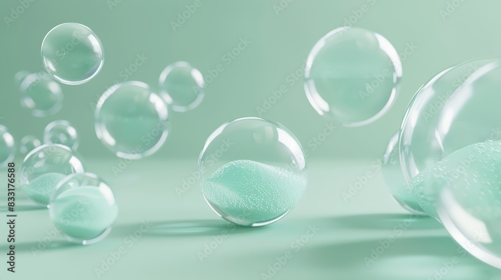 3D render of floating glass spheres or baubbles, pastel green mint color 3D render of floating glass spheres or baubbles, pastel green mint color