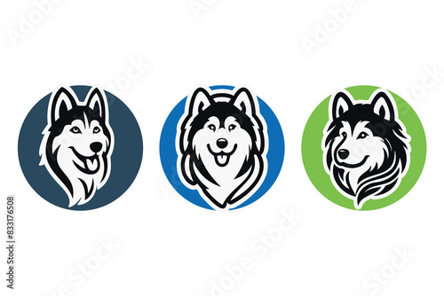 Dog logo template. Siberian husky dog silhouette head in round shape. Illustration icon design on vector white background. For brand, animal pet, t-shirt, dog club, pet shop, grooming, dog lover