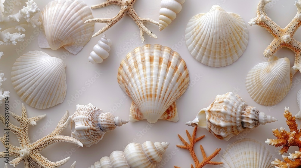 Seashell Serenity A minimalist layout of seashells and coral on a white background, evoking a sense of beachside calm and relaxation Seashell Serenity A minimalist layout of seashells and coral on a white background, evoking a sense of beachside calm and relaxation