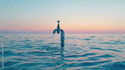 tap is located in the center of empty ocean, symbolizing the water cycle in nature and the need to preserve ecological purity of water resources, promoting responsible environmental management photo