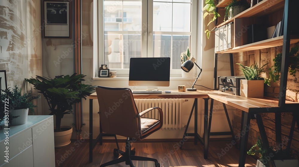 Modern home office interior with windows built in wooden shelves and laptop placed on desk Modern home office interior with windows built in wooden shelves and laptop placed on desk