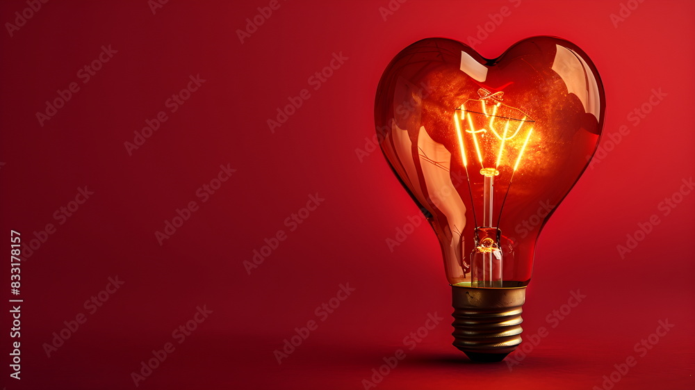 Light bulb with a heart shape glowing filament on a red background Light bulb with a heart shape glowing filament on a red background