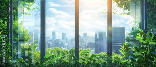 Urban greenery through office window  ecofriendly workplace  green city background