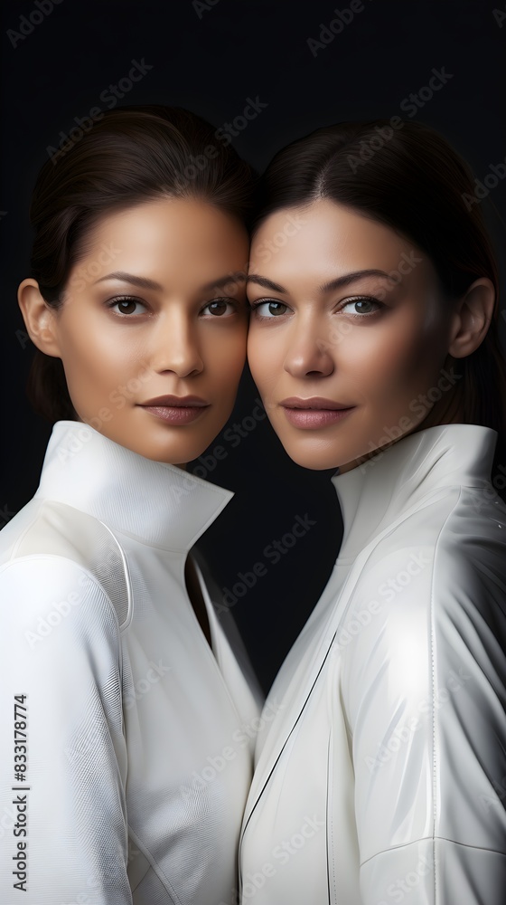 Embracing the future of elegance with two women in innovative white outfits Embracing the future of elegance with two women in innovative white outfits