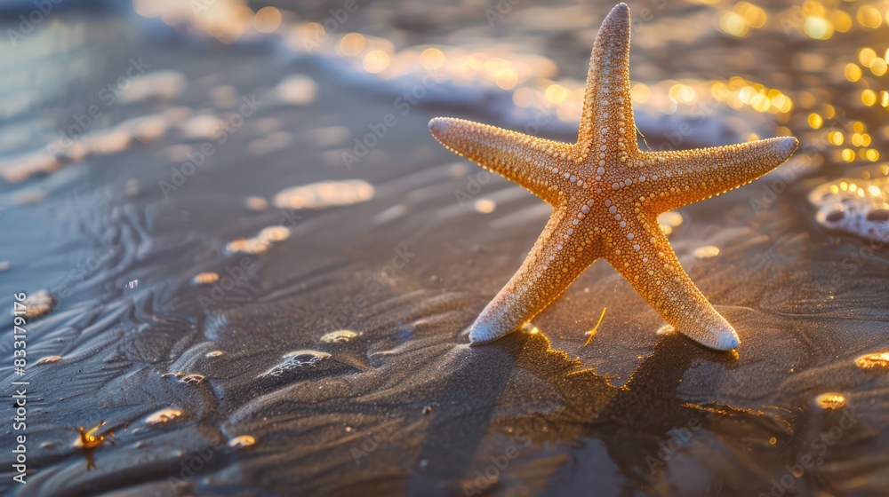 Starfish resting on the shore with wet sand reflecting the golden light of sunset, tranquil beach setting Starfish resting on the shore with wet sand reflecting the golden light of sunset, tranquil beach setting