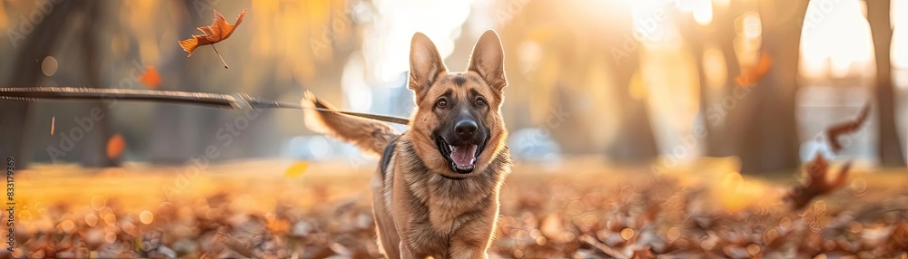 Happy German Shepherd running on a leash in an autumn park with colorful foliage and sunlight streaming through the trees.