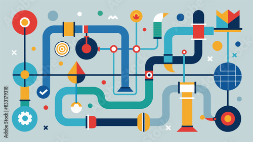 An abstract interpretation of the pipeline network using geometric shapes and patterns to represent the various routes and connections between. Vector illustration