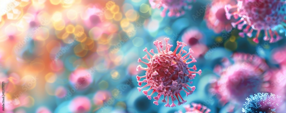 viruses under a microscope in a lab, vibrant backdrop, highlighting microbiological exploration