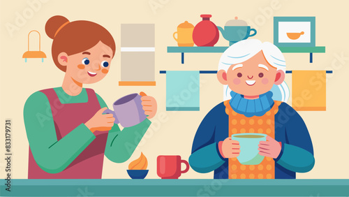 Inside a cozy kitchen a grandparent and grandchild sip tea while the grandparent gives instructions on how to knit a simple scarf.. Vector illustration