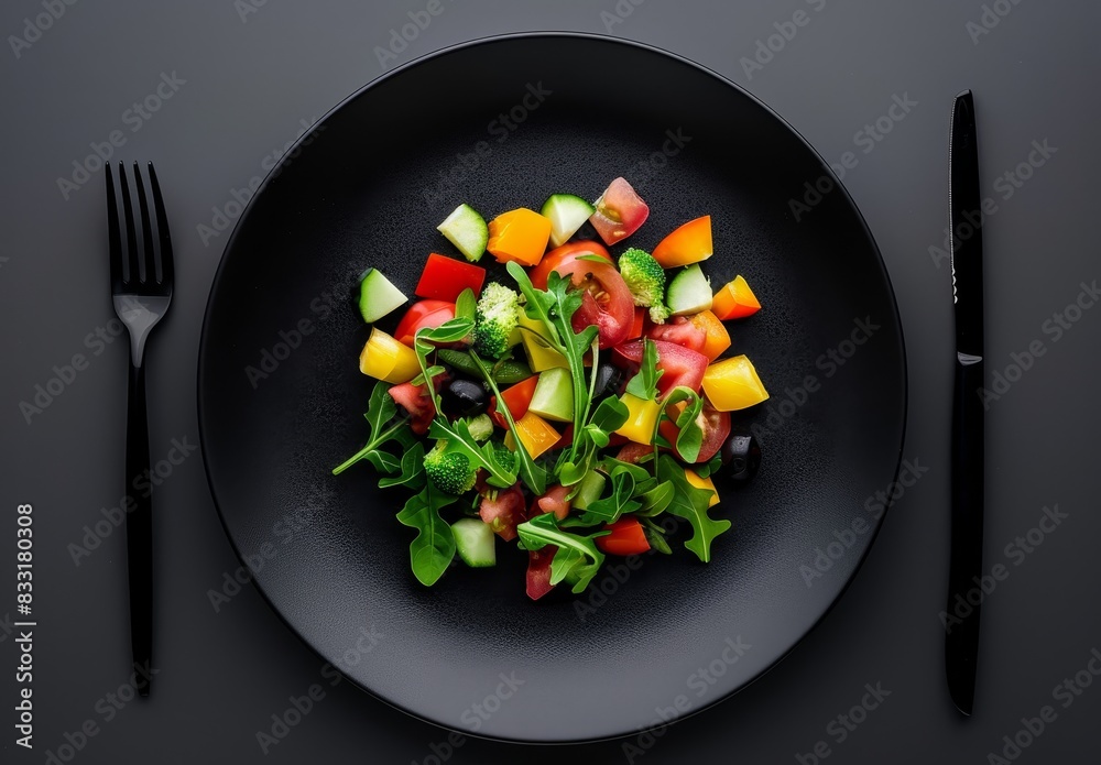 Black plate with food on a black background a top