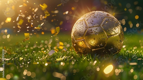 Close up of gold football ball on the grass of stadium field background with confetti. Goal Winning celebration. Football europe championship in Germany wide banner concept with copy space.