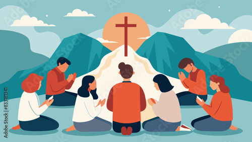 With heads bowed and eyes closed a group of churchgoers sit in a circle on a mountaintop passing around a small wooden cross as they each take turns. Vector illustration