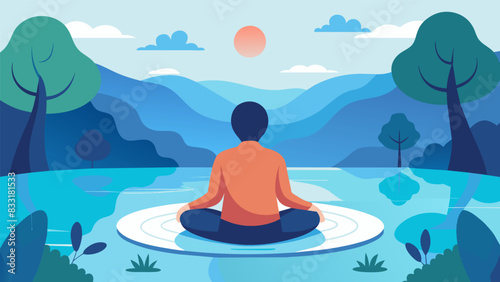 A person sitting on the edge of a pond mesmerized by the gentle rippling of the water as they focus on their thoughts and feelings during a. Vector illustration © Justlight