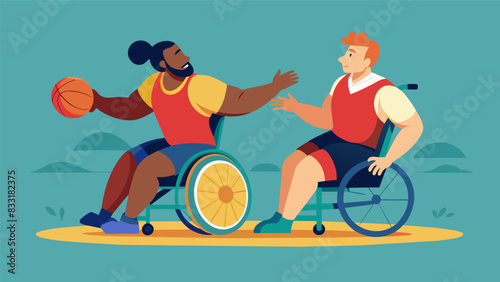A wheelchair rugby match filled with intense physicality and camaraderie demonstrating that disabilities do not limit ones ability to play a contact. Vector illustration