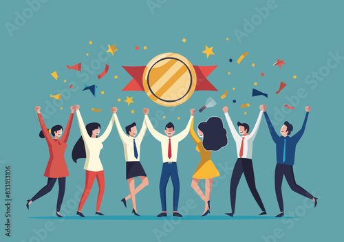 Teamwork success, high-performance employees celebrating achievement, quality service badge reward concept, business people unity minimalistic vector