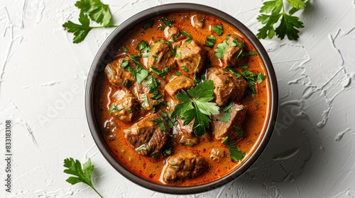 A bowl of meat and vegetables with green herbs on top