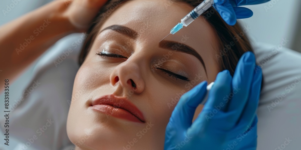 Beauty Concept, a close-up photo of the face and neck, shows an attractive woman receiving hyaluronic acid treatment at a beauty salon. The patient lay on a white table with his eyes closed. She wore 
