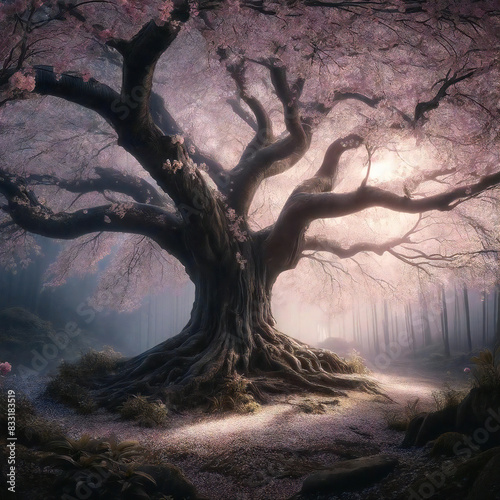 光が差し幻想的な大木の桜 photo
