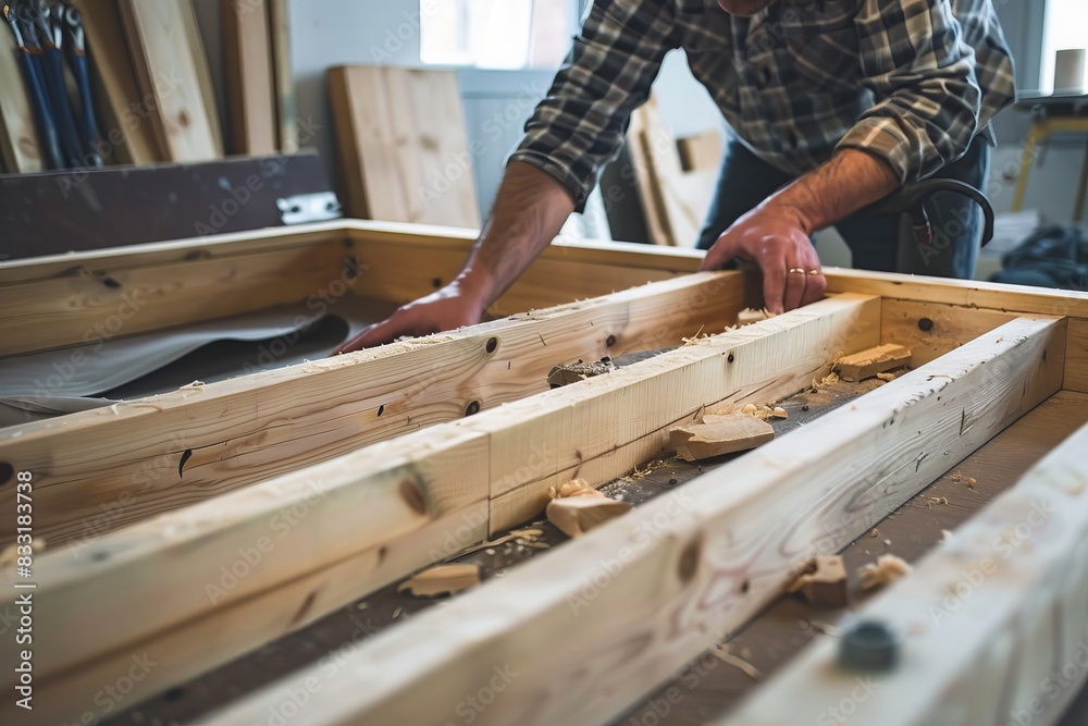 A carpenter repairing a wooden bed frame, ensuring it is sturdy and secure A carpenter repairing a wooden bed frame, ensuring it is sturdy and secure