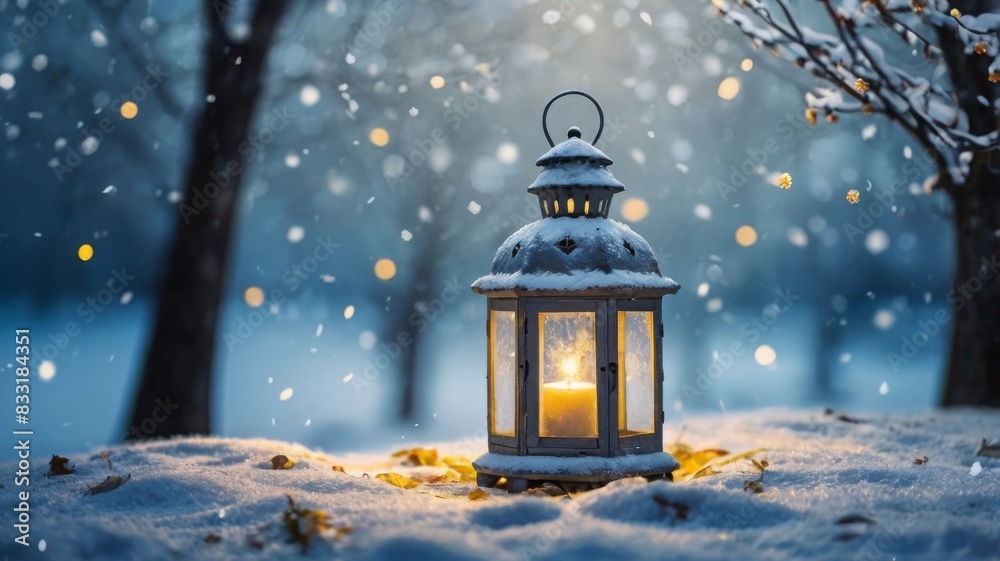 Winter background with tree branches covered in snow and decorated with candle lights Winter background with tree branches covered in snow and decorated with candle lights
