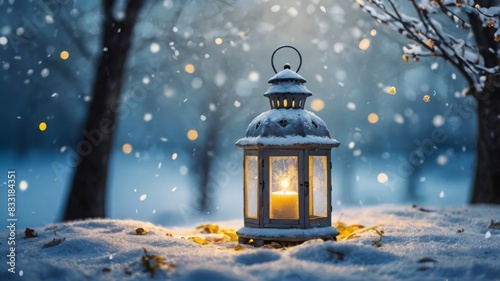 Winter background with tree branches covered in snow and decorated with candle lights © Zeeedoctmazz