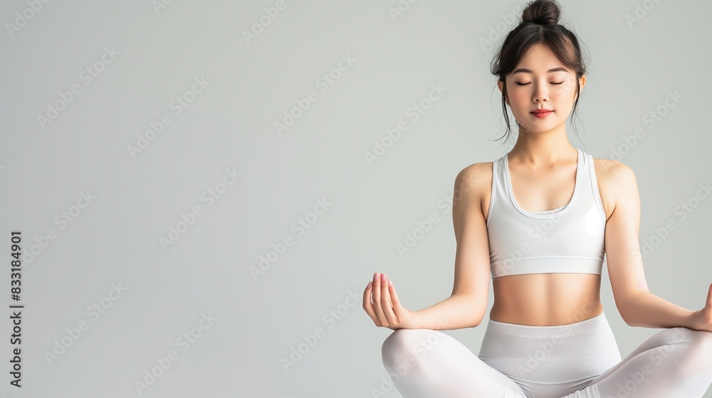 A korean woman in white sportswear is sitting in a yoga pose with her hands in a praying position and her eyes closed. A korean woman in white sportswear is sitting in a yoga pose with her hands in a praying position and her eyes closed.