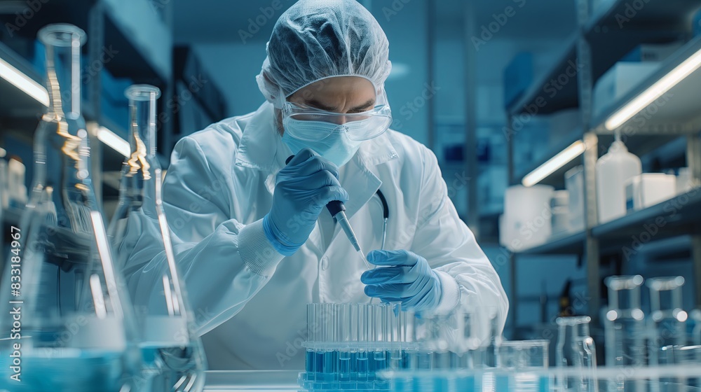 A scientist wearing a white lab coat and gloves, working in a lab, using a pipette to handle a liquid sample A scientist wearing a white lab coat and gloves, working in a lab, using a pipette to handle a liquid sample