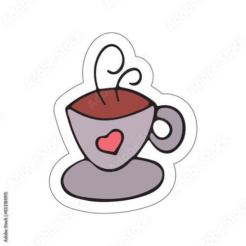 A sticker with a picture of a coffee cup on a white background.