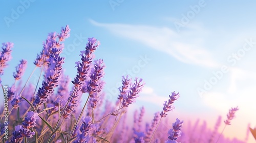 Lavender flowers close-up on sky background