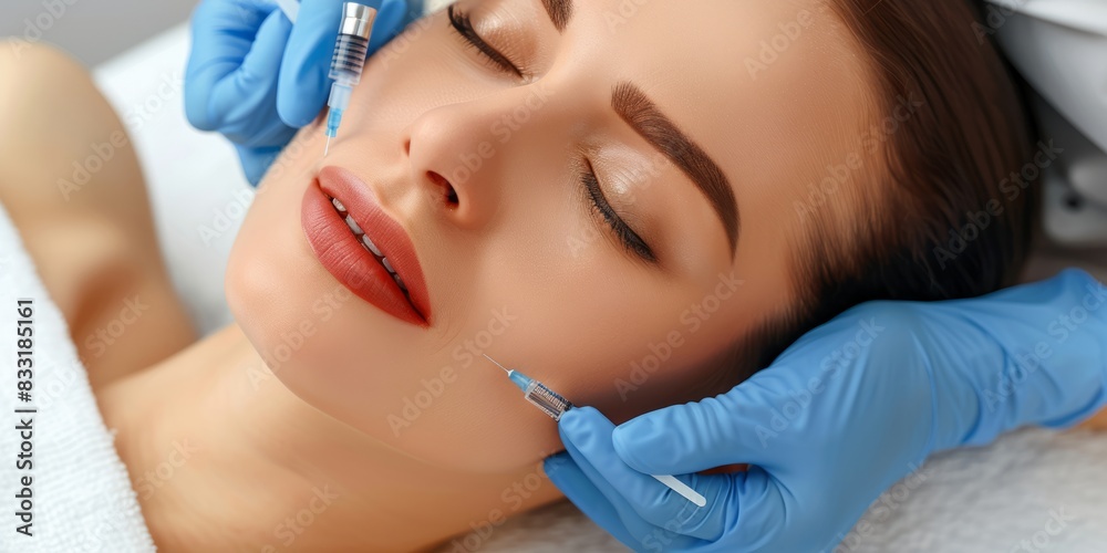 Beauty Concept, a close-up photo of the face and neck, shows an attractive woman receiving hyaluronic acid treatment at a beauty salon. The patient lay on a white table with his eyes closed. She wore Beauty Concept, a close-up photo of the face and neck, shows an attractive woman receiving hyaluronic acid treatment at a beauty salon. The patient lay on a white table with his eyes closed. She wore