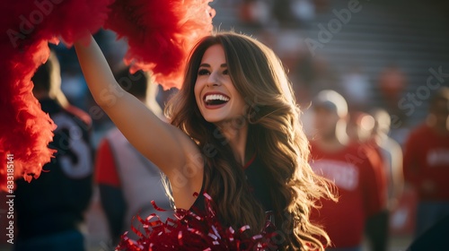 A young, smiling cheerleader with vibrant red pom-poms at a sporting event, exuding excitement and team spirit photo